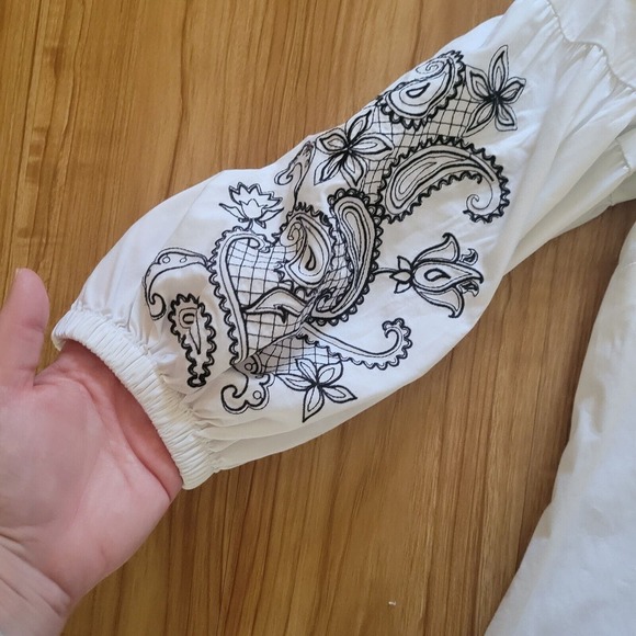 J Jill Top Shirt Womens Large White Black Embroidery Balloon Sleeve Career Basic - Picture 7 of 11